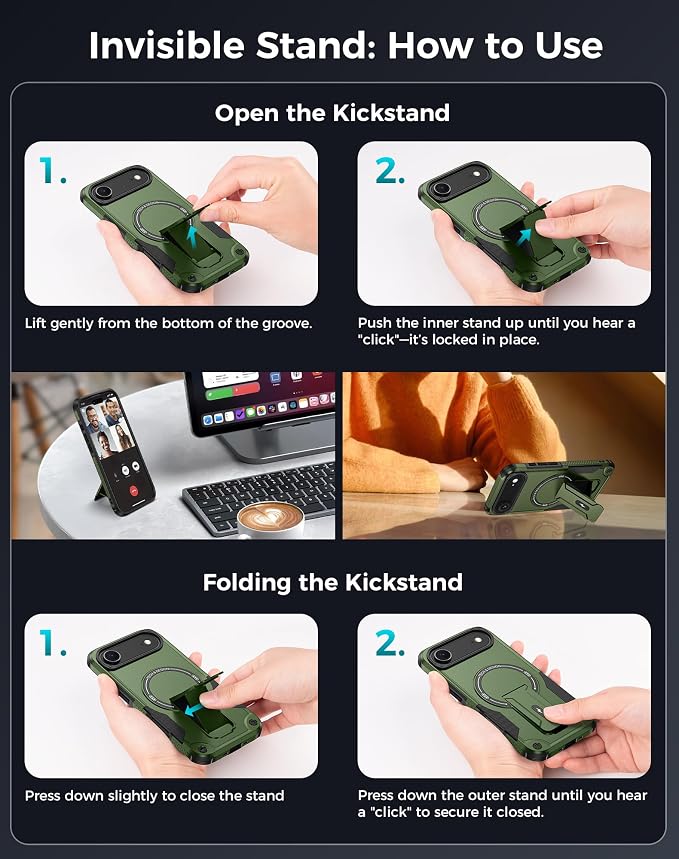 Goton 3 in 1 for iPhone Air Case with Privacy Screen Protector Green | Glass Camera Lens Protector,Compatible for MagSafe,Invisible Kickstand, Shockproof Phone Cover for iPhone 17air - Image 8