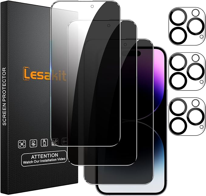 Lesakit 3+3 Pack Privacy Screen Protector for iPhone 14 Pro Max 6.7-Inch with 3 Pack Camera Lens Protector, Anti Spy Tempered Glass Film 9H Hardness Bubble Free Case Friendly by Lesakit