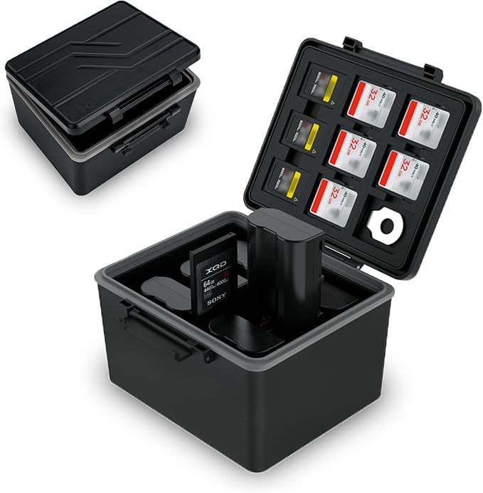 JJC DSLR Camera Battery & SD Card Case Holder for Canon Nikon Sony Fujifilm | Holds up to 6 LP-E6 LP-E6NH EN-EL15 NP-FZ100 NP-W235 Batteries/6 SD/12 TF/3 CFexpress Type A & 2 XQD Cards, with Labels by JJC