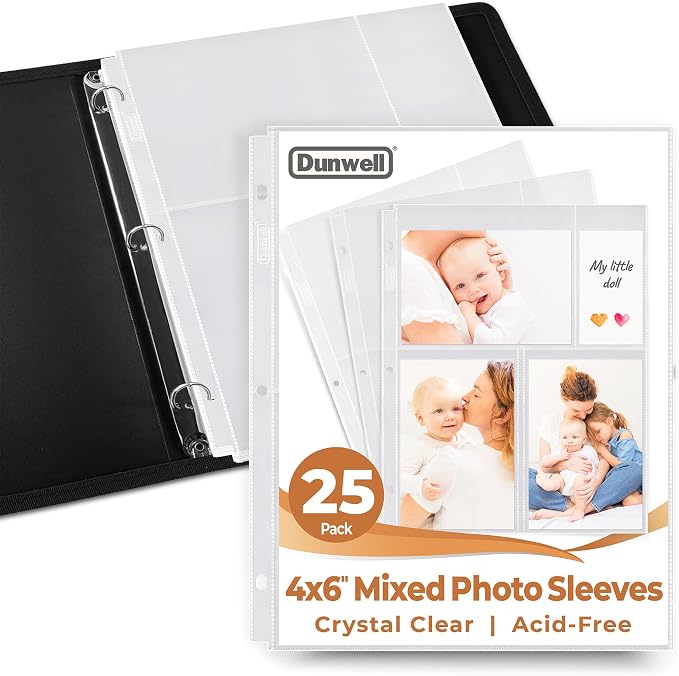 Dunwell Photo Sleeves for 3-Ring Binder, (4x6 Mixed Format, 25 Pack) for 150 Pictures, Each Photo Page Sheet Holds Six 4 x 6 Pictures or Postcards, Acid-Free Poly 4x6 Album Refill Pages by Dunwell