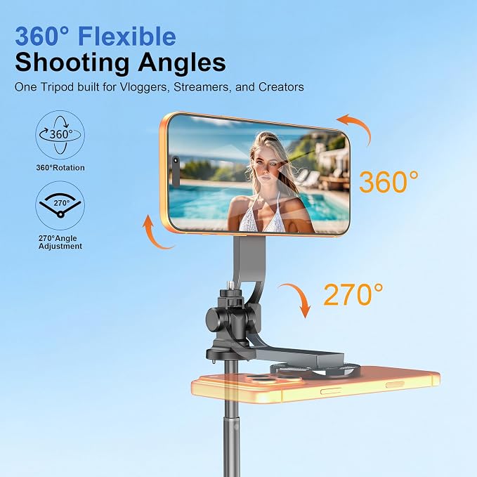 53" Magnetic Selfie Stick Tripod for Phone/Action Camera, 1/4" Mount | Aluminum Alloy Pole, 360° Rotation, 4-Leg Base & Wireless Remote Compatible with iPhone17 Pro&Action Camera for Travel Photos - Image 4