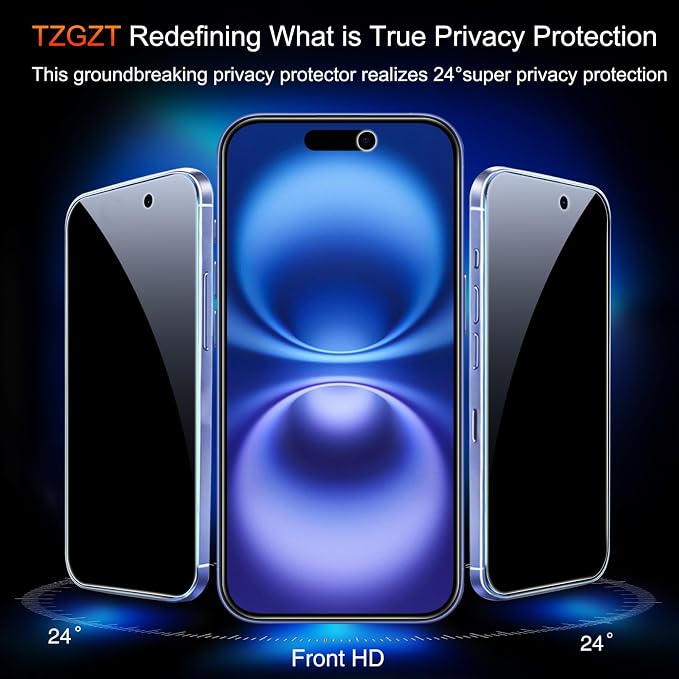TZGZT Privacy Screen Protector for iPhone 16, Tempered Glass, Case Friendly | 3 Pack, 9H+ Military Grade Shatterproof, Anti-Scratch, HD, Easy Installation, Bubble Free, Includes Camera Lens Protectors - Image 3