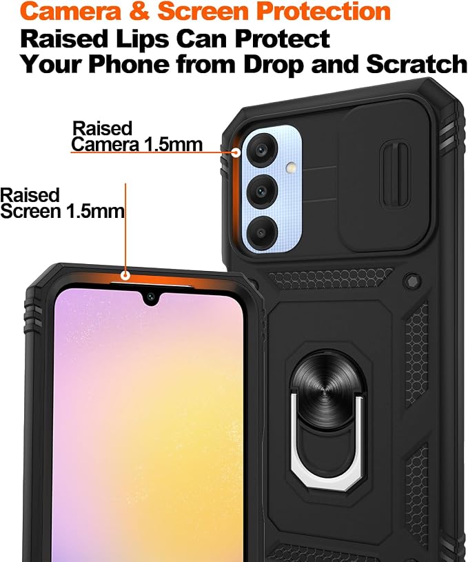 Fit for Samsung Galaxy A25 5G Phone Case with 2PCS Screen Protector, Build in 360° Rotating Ring Kickstand, Military Grade Protective Case for Samsung A25 Case Phone, Black - Image 4