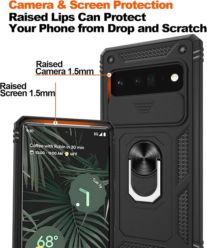 for Google Pixel 6 Pro Case with Slide Camera Cover & Screen Protector (2 PCS), Pixel 6 Pro Case Build in 360° Rotating Ring Kickstand, Military Grade Protective Case for Google 6 Pro Case, Black - Image 5