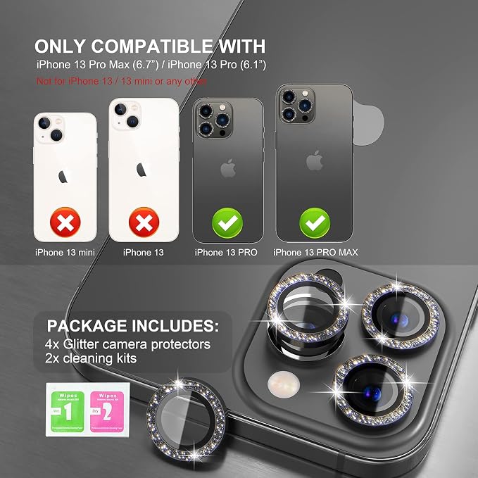 Choiche for iPhone 13 Pro/iPhone 13 Pro Max Camera Lens Protector | Ultra HD, Bling 9H Tempered Glass Camera Cover Screen Protector Metal Ring Decoration Accessories (Glitter-Graphite) - Image 2