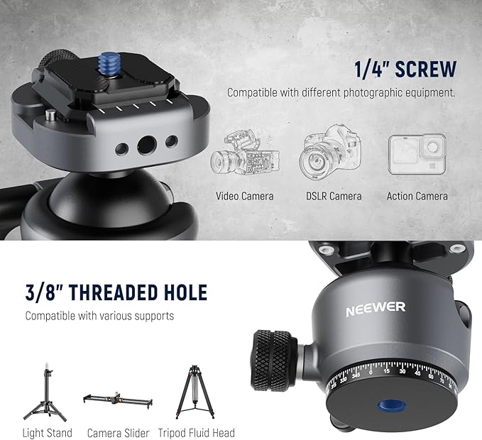 NEEWER GM41 Low Profile Tripod Ball Head, 40mm Metal Panoramic Camera Mount Adapter with 1/4" Arca Type QR Plate Compatible with PD, 360° Swivel & 90° Tilt, Max Load 11lb - Image 4