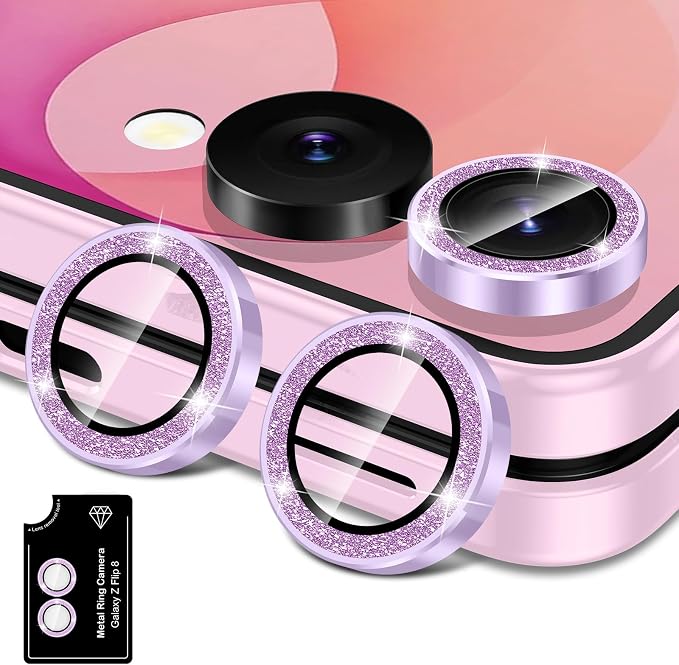 for Samsung Galaxy Z Flip 8 Camera Lens Protector, Individual Metal Ring Tempered Glass Lens Cover, [Strong Adsorption] Scratch Resistant Ultra-Thin HD Clear Lens Cover, 1 Set-Purple Sparkly by Btscase