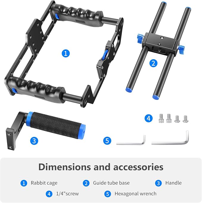 NEEWER Camera Video Cage Film Movie Making Kit, Aluminum Alloy with Top Handle, Dual Hand Grip, Two 15mm Rods, Compatible with Canon Sony Fujifilm Nikon DSLR Camera and Camcorder (Black + Blue) - Image 7