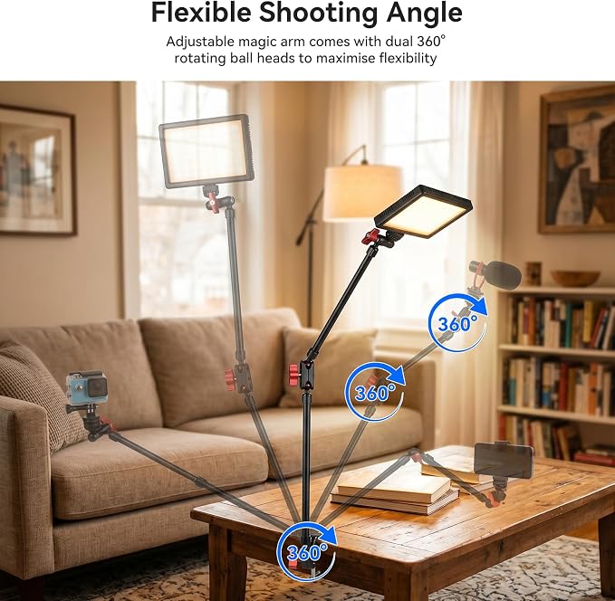 UEEBIT 33" Camera Arm with Desk Super Clamp, with 1/4"& 3/8" Threads Screws | Articulating Extra-Long Magic Arm 360° Ball Heads, for Phone, Mic, Light, Webcams, Action Camera (Black Red) - Image 3