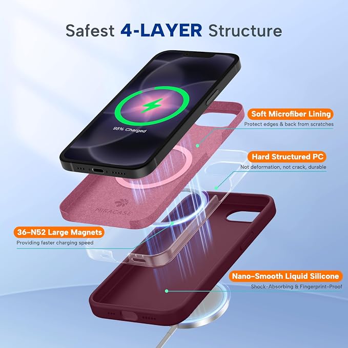 miracase Magnetic for iPhone 17e Case & iPhone 16e Case, [Soft Anti-Scratch Microfiber Lining], Compatible with MagSafe, Silicone Shockproof Protection Phone Case for iPhone 17e/16e, Wine Red - Image 3