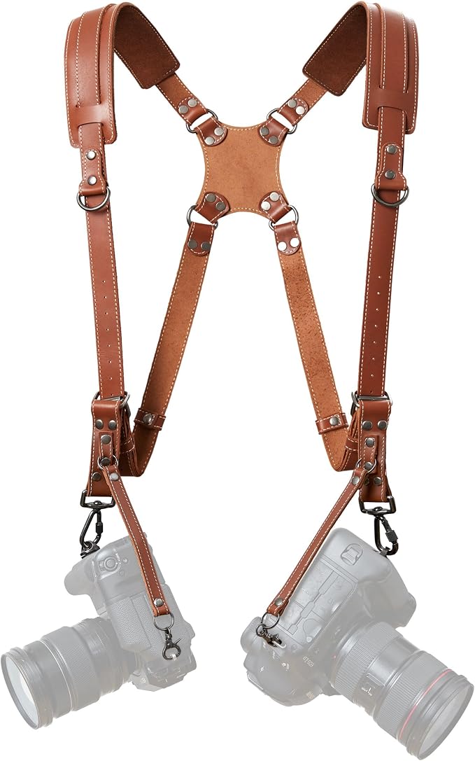 Padwa Lifestyle Tan Dual Camera Harness Strap for Two-Cameras - Dual Shoulder Full Grain Leather Harness,Multi Double Camera Gear for DSLR/SLR Strap,Double Camera Harness for Photographers by PadwaLifestyleCameraStrap