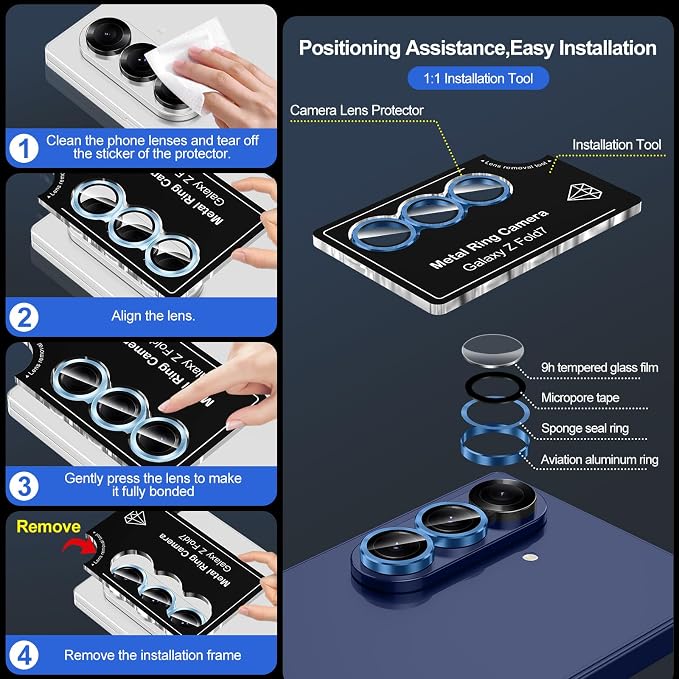 for Samsung Galaxy Z Fold 7 Camera Lens Protector, Individual Metal Ring Tempered Glass Lens Cover, [Strong Adsorption] Scratch Resistant Ultra-Thin HD Clear Lens Cover, 1 Set-Deep Blue - Image 6