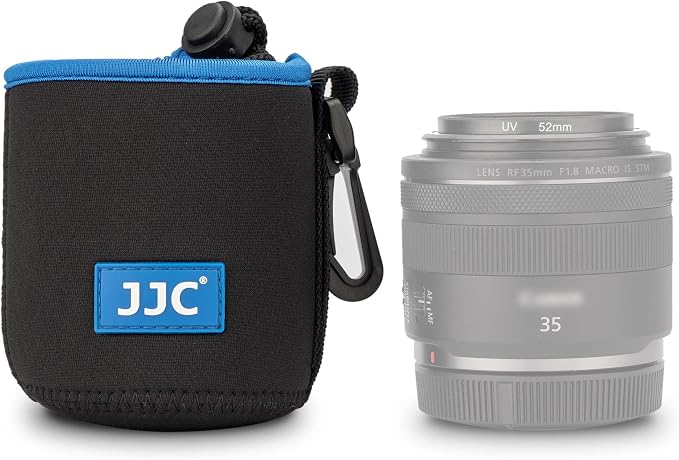 JJC Neoprene Camera Lens Pouch Case, Drawstring Bag for Lens up to 2.9x3.9" | Water-Resistant, Soft Padded, with Carabiner, Compatible with Canon RF 35mm, EF 50mm,EF-S 18-55mm, EF-M 15-45mm, Sony E 50mm by JJC