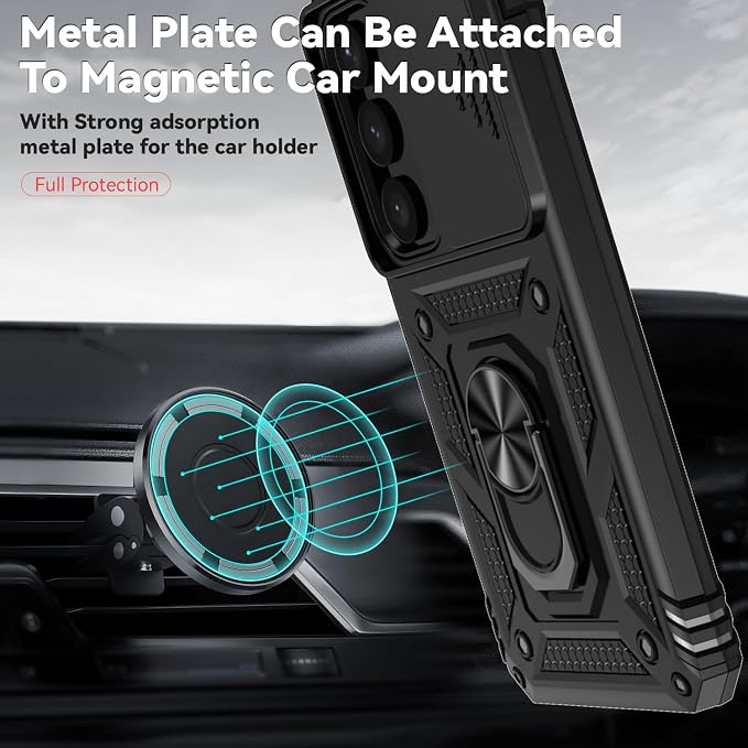 for Samsung Galaxy S24 Plus Case with Camera Lens Cover HD Screen Protector, Military-Grade Drop Tested Magnetic Ring Holder Kickstand Protective Phone Case for Samsung Galaxy S24 Plus (Black) - Image 3