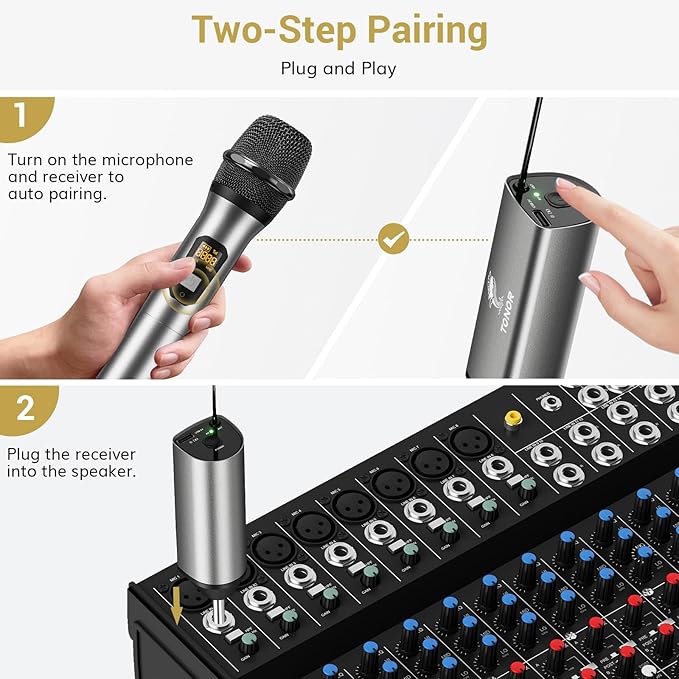 TONOR Wireless Microphone, 2 * 15 Channel Dual UHF Metal Cordless Handheld Mic System with Rechargeable Receiver, for Karaoke, Singing, Party, Wedding, DJ, Speech, 200ft, Silver, 2Mics - Image 4