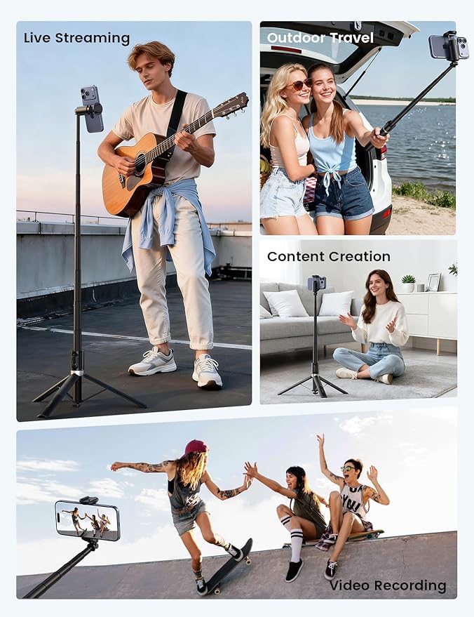 Lamicall 65" Tripod for iPhone 0.77lb Selfie Stick with Remote & Cold Shoe | Auto Open Phone Tripod Ultra-Stable Phone Stand for Recording for Travel Live Stream Vlog fit iPhone 17 Pro Max Android-Black - Image 6