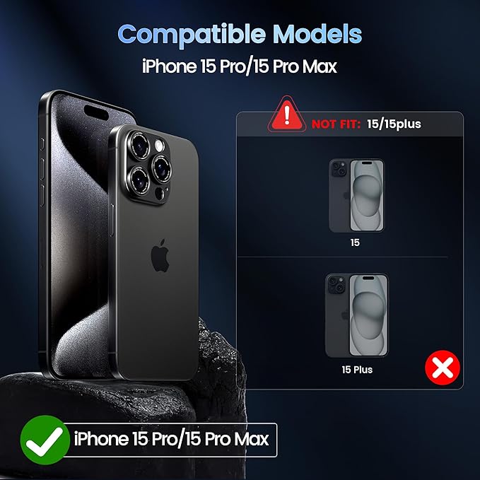 CACOE Metal Camera Lens Protector for iPhone 15 Pro/15 Pro Max | Tempered Glass Cover, Anti-Scratch, Drop-Proof, Strong Adhesion, Camera Screen Cover Accessories, Black Titanium - Image 2