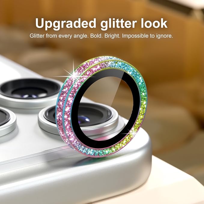 Misea Camera Lens Protector for iPhone 17 Pro Max/17 Pro, Colorful Glitter | Bling Upgraded Look, 9H Tempered Glass Individual Metal Camera Cover, Anti-Scratch, for iPhone 17/16/15/14 Pro Max/Pro - Image 2