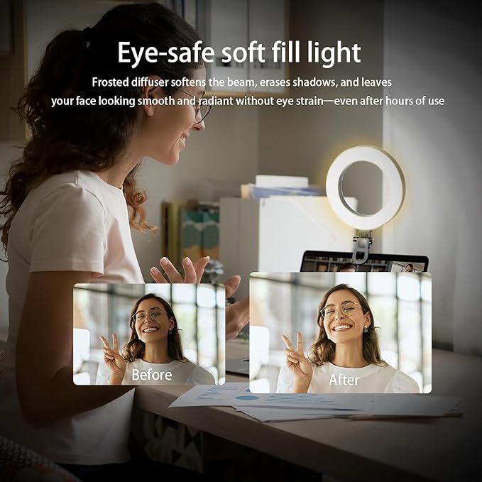 6" Ring Light Video Conference Kit, 5-Color 10-Brightness Clip-On Light with Stable Ring-Light Clamp & 5" Tripod, Desk/Zoom/TikTok, Makeup Light, Selfie Light - Image 3