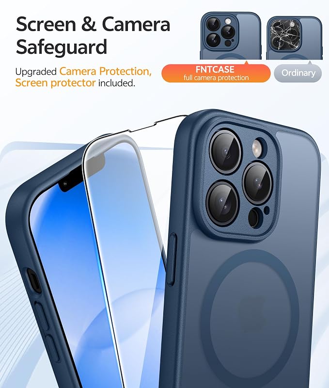 FNTCASE for iPhone 13 Pro Case, Fit for Magsafe, Screen Protector Blue | Full Camera Protection, Translucent Matte, 14FT Military Grade Drop Proof, Shockproof Protective Phone Cover, Blue - Image 4