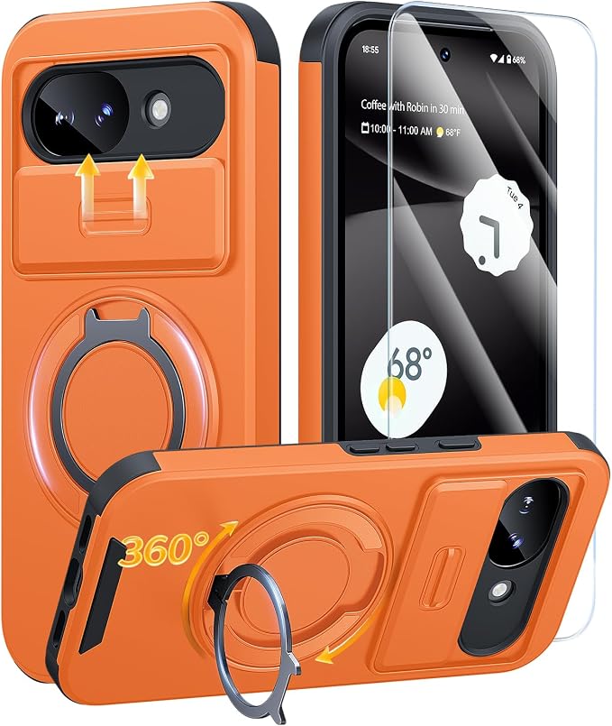 JAME for Google Pixel 10A Case with Ring Stand & Slide Camera Cover Orange | Ring Holder Kickstand, Screen Protectors, Dual-Layer Shockproof Protective, Magnetic Accessory Friendly Phone Case, Orange by JAME