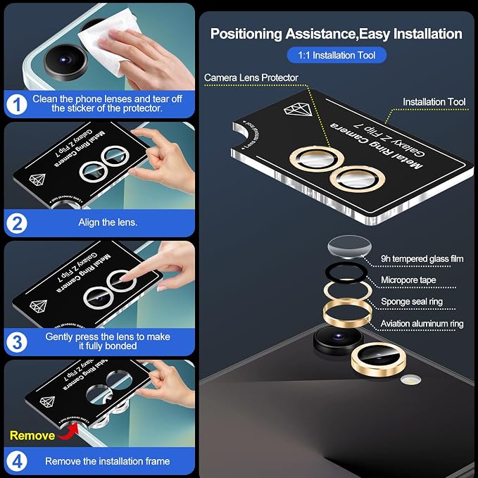 for Samsung Galaxy Z Flip 7 Camera Lens Protector, Individual Metal Ring Tempered Glass Lens Cover, [Strong Adsorption] Scratch Resistant Ultra-Thin HD Clear Lens Cover, 1 Set-Gold - Image 6