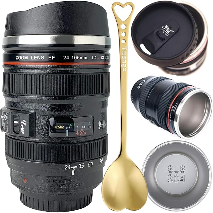 Camera Lens Coffee Mug with Slider Lid and Spoon– Realistic DSLR Thermos Cup, Novelty Gift for Photographers, Men & Women by TMANGO