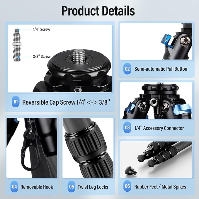 SIRUI AM-284 Carbon Fiber Tripod for Travel, Professional Camera Tripod with 4-Section Legs, Twist Leg Locks, Detachable Metal Spikes, Loads up 33LB, Max Height 47.2“ - Image 2