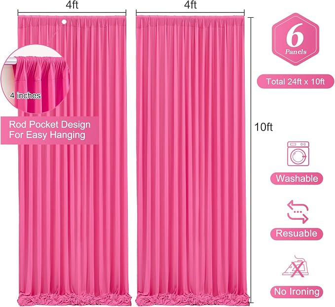 Hot Pink Backdrop Curtain 6 Panels-Wrinkle-Free Polyester Photography Drapes for Wedding Party Photo Background Decorations- 24 X10FT (Hot Pink) - Image 3