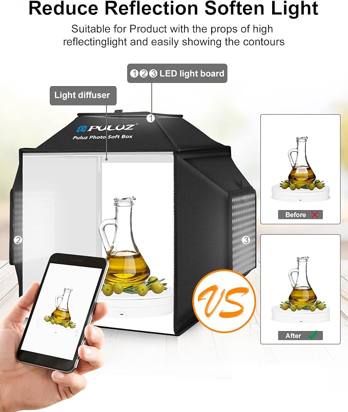 PULUZ Upgrade Light Box & Soft Box, 16"x16" Professional Shooting Tent with 480 LED Lights Photo Studio Light Box Photography with 4 Color PVC Backdrops for Jewelry and Product Photography - Image 5