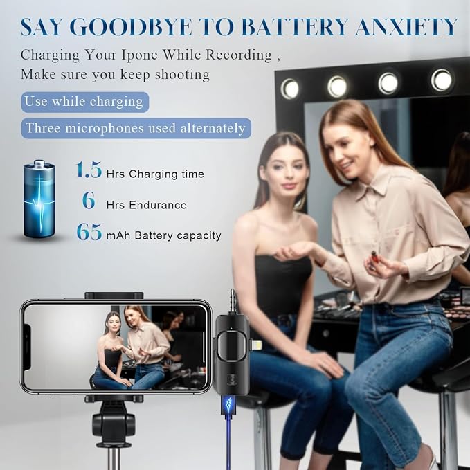 3 in 1 Wireless Lavalier Microphone for iPhone, iPad, Android, Camera,12-Hour Battery, mini Noise Reduction Recording Mic 2.4G Ultra-Low Delay, Microphone for Vlog/ TikTok/YouTube Live Stream( 2 Mic) - Image 5