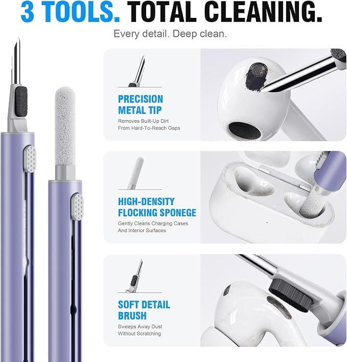 Hyashee Cleaner Kit for Airpods Pro 1 2 3 Multi-Function Cleaning Pen with Soft Brush Flocking Sponge for Bluetooth Earphones Case Cleaning Tools (Lavender Purple) - Image 4