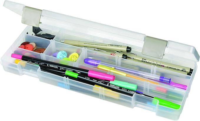 ArtBin 3900AB Solutions Extra Long Box, Art & Craft Organizer with Removable Dividers, [1] Plastic Storage Case, Clear , 12.4" x 4.9" | 15 Removable Dividers, 12.38 x 4.875 x 1.75 Inches, Secure Latches, Stackable, Clear Plastic by ArtBin