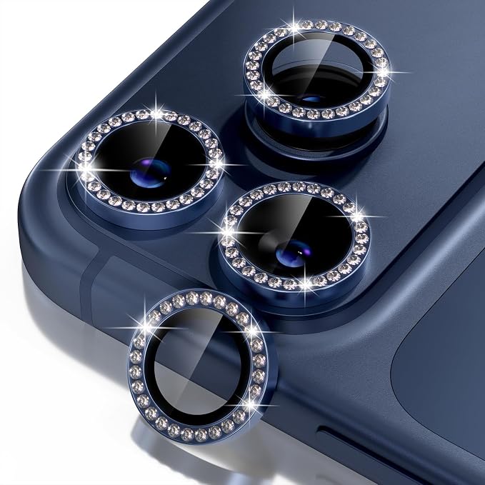 Misea Compatible for iPhone 17 Pro/iPhone 17 Pro Max Camera Lens Protector | 9H Tempered Glass Ultra HD Bling Camera Screen Protector Cover Metal Individual Ring Accessories, Deep Blue Diamond by Misea