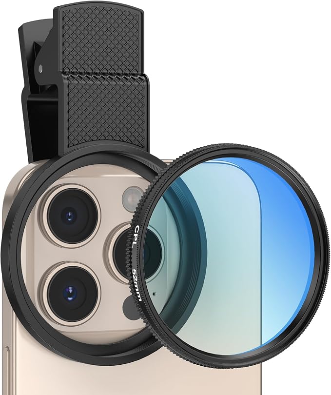 AMIR 52MM Clip-on CPL Phone Camera Lens Filter, Circular Polarizer Filter, Phone Lens Filter Kit Compatible with iPhone 17 16 15 14 13 12, Google Pixel and Other Android Smart Phones by AMIR