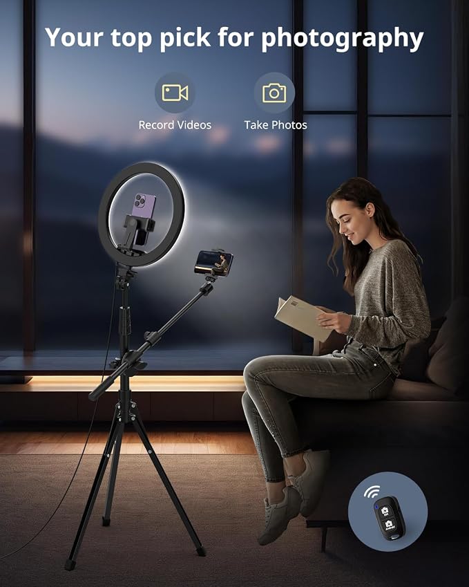 UBeesize 12" Ring Light with Overhead Phone Mount & 62" Tripod Stand | Tripod for iPhone with Ringlight and Remote, Telescopic Crossbar, Overhead Camera Mount for Cooking, Photography, TikTok - Image 5