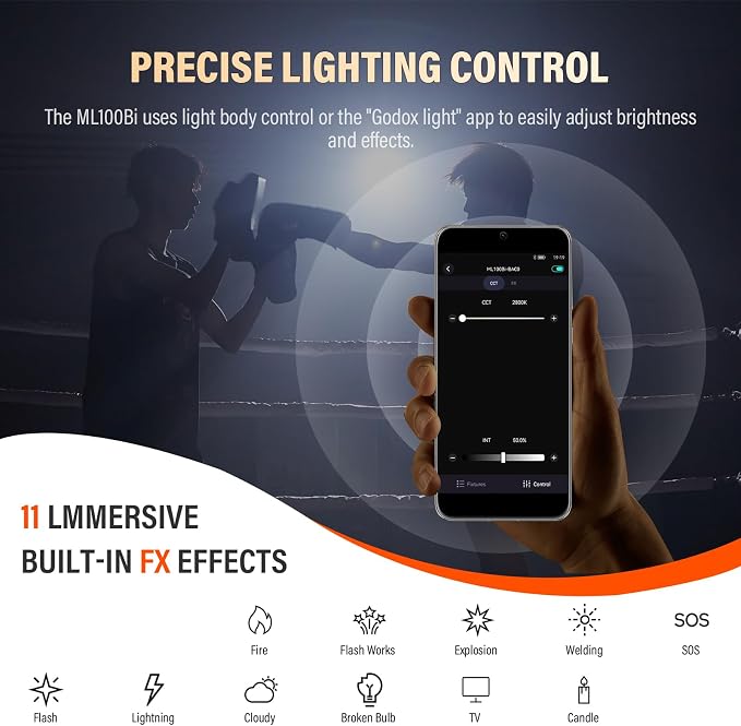 Godox ML100Bi 120W Portable LED Video Light 34300 Lux CRI 96+/TLCI 97+ | ML100 Bi Color COB LED Video Light 2800K-6500K 11 FX Effects for Filming Live Streaming Studio Photography - Image 6