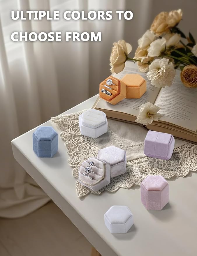 MFXIP Velvet 3 Slots Jewelry Ring Box Engagement Wedding Box Keepsake Box Bridal Photo Ring Triple Slots Hexagon - Image 7