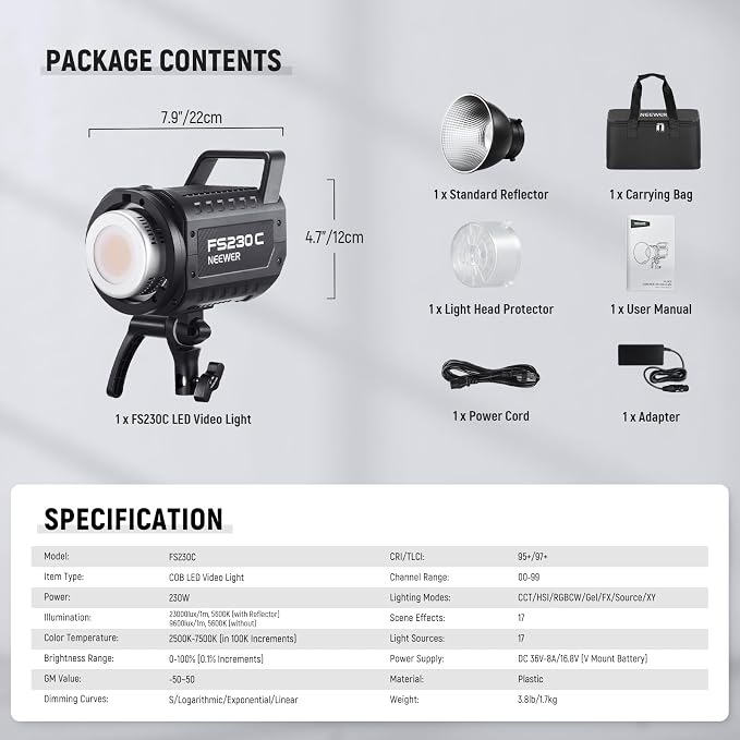 NEEWER 230W High Power RGB LED Video Light, APP/2.4G Control, 2500K-7500K 23000lux/1m COB Continuous Output Lighting, 17 Effects CRI95+ Bowens Spotlight for Studio Photography Video Recording, FS230C - Image 9
