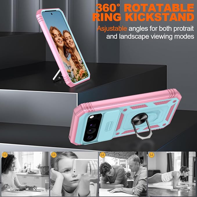 Gritup for Google Pixel 10 Pro XL Case with Screen Protector*2 | Magnetic Stand & Slide Camera Cover, Shock Proof Military-Grade Phone Case, Green+Pink - Image 8