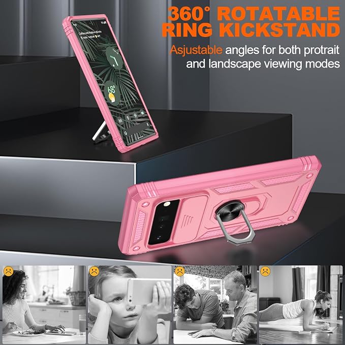 for Google Pixel 6 Pro Case with Slide Camera Cover & Screen Protector (2 PCS), Pixel 6 Pro Case Build in 360° Rotating Ring Kickstand, Military Grade Protective Case for Google 6 Pro Case, Pink - Image 8