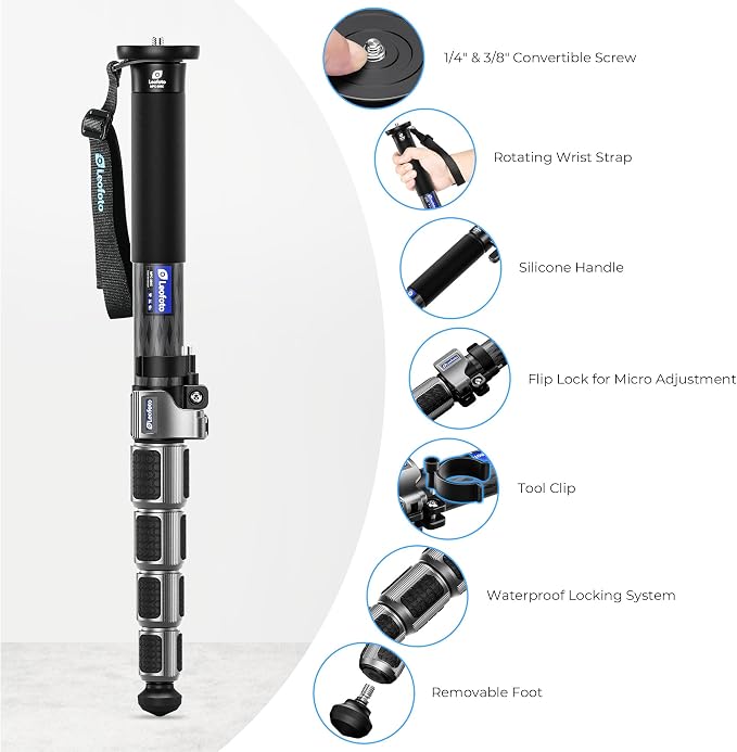 LEOFOTO Carbon Fiber Camera Monopod Lightweight Travel Quick Lock System, Maximum Load 40kg, 360° Panoramic Camera Stand, Waterproof System (MPC-366C) - Image 2