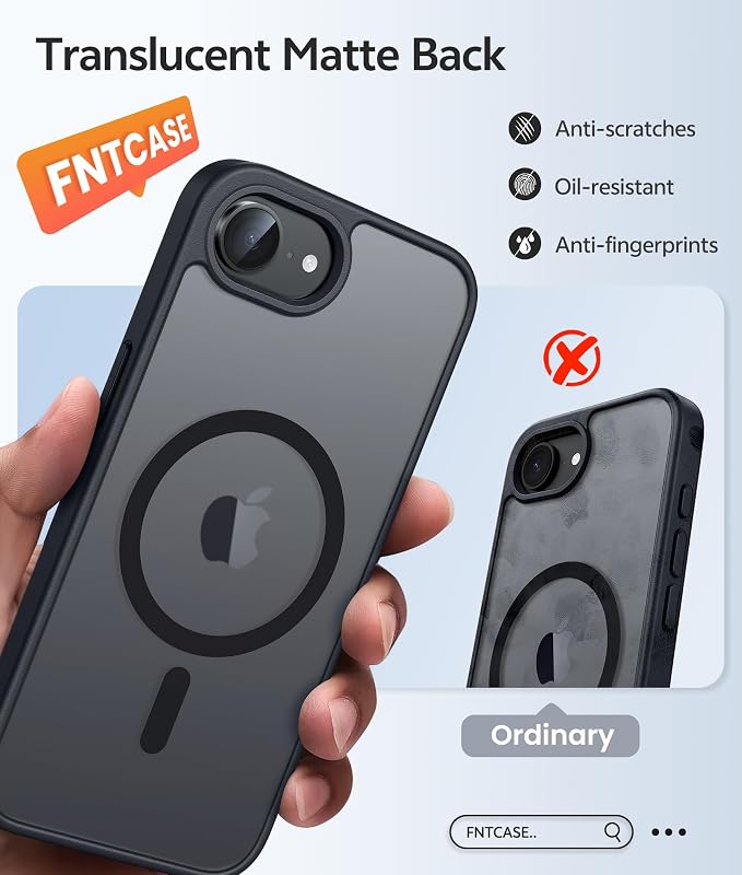 FNTCASE for iPhone 17e/ iPhone 16e Case, Fit for Magsafe, Screen Protector | Translucent Matte Magnetic Back, 14FT Military Grade Drop Protection, Shockproof Protective Phone Cover, Black - Image 6