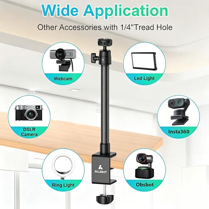 Ailight Desk Stand for Live Streaming, Adjustable Mount with Phone Holder | 1/4" Screw, Ball Head & C Clamp, for Camera/Phone/Webcam, Tool-Free Setup for Vlogging/Recording - Image 7