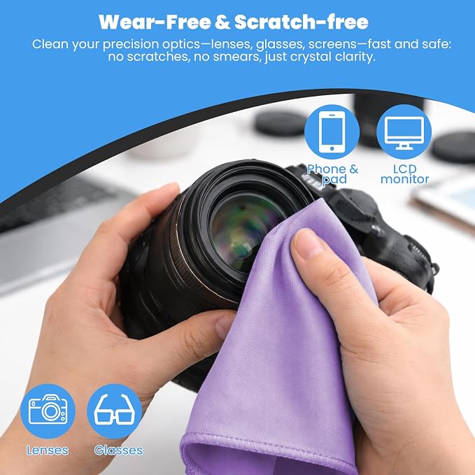 Puomue 12 Pack Microfiber Glass Cleaning Cloth, 10.8 Inch x 13.8 Inch, Lint Free Quickly Clean Windows, Mirrors, Glasses, Phone Screens, Camera Lenses, Purple - Image 5