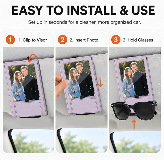 2-in-1 Car Visor Sunglasses & Photo Holder, Magnetic PU Leather Glasses Clip with Picture Display Slot, Universal Sun Visor Organizer for Eyeglasses, Personalized Cards & Memories, Lavender - Image 4