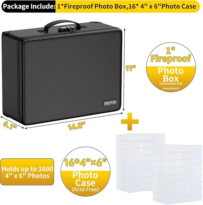 ENGPOW Fireproof 5200°F Photo Storage Box with 16 Inner 4" x 6" Photo Case(Clear), Photo Organizer with Lock, Portable Acid-Free Photo Keeper Safe Storage with Handles for Home, Office, Travel - Image 2