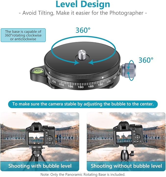 NEEWER Camera Panoramic Panning Base with Style Plate | 3/8 inch Screw, Aluminum Alloy Panorama Ball Tripod Head with Bubble Level, for Tripod Monopod DSLR Cameras, Max Load 22 LB - Image 4