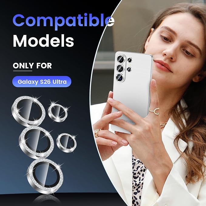 Tensea Compatible with Samsung Galaxy S26 Ultra Camera Lens Protector | 9H Tempered Glass Camera Cover Screen Protector Metal Individual Ring [Installation Tray][Case Friendly] - Image 2
