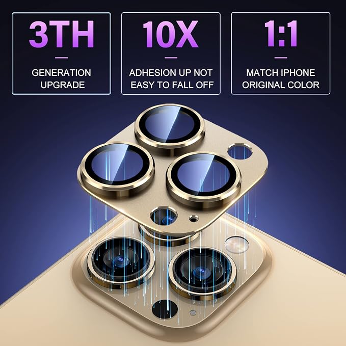 Uyiton for iPhone 14 Pro/iPhone 14 Pro Max Camera Lens Protector | Not Easy to Break, Strong Adsorption, Case-Friendly, Metal 9H Sapphire Glass Rear Camera Screen Cover, Gold - Image 2
